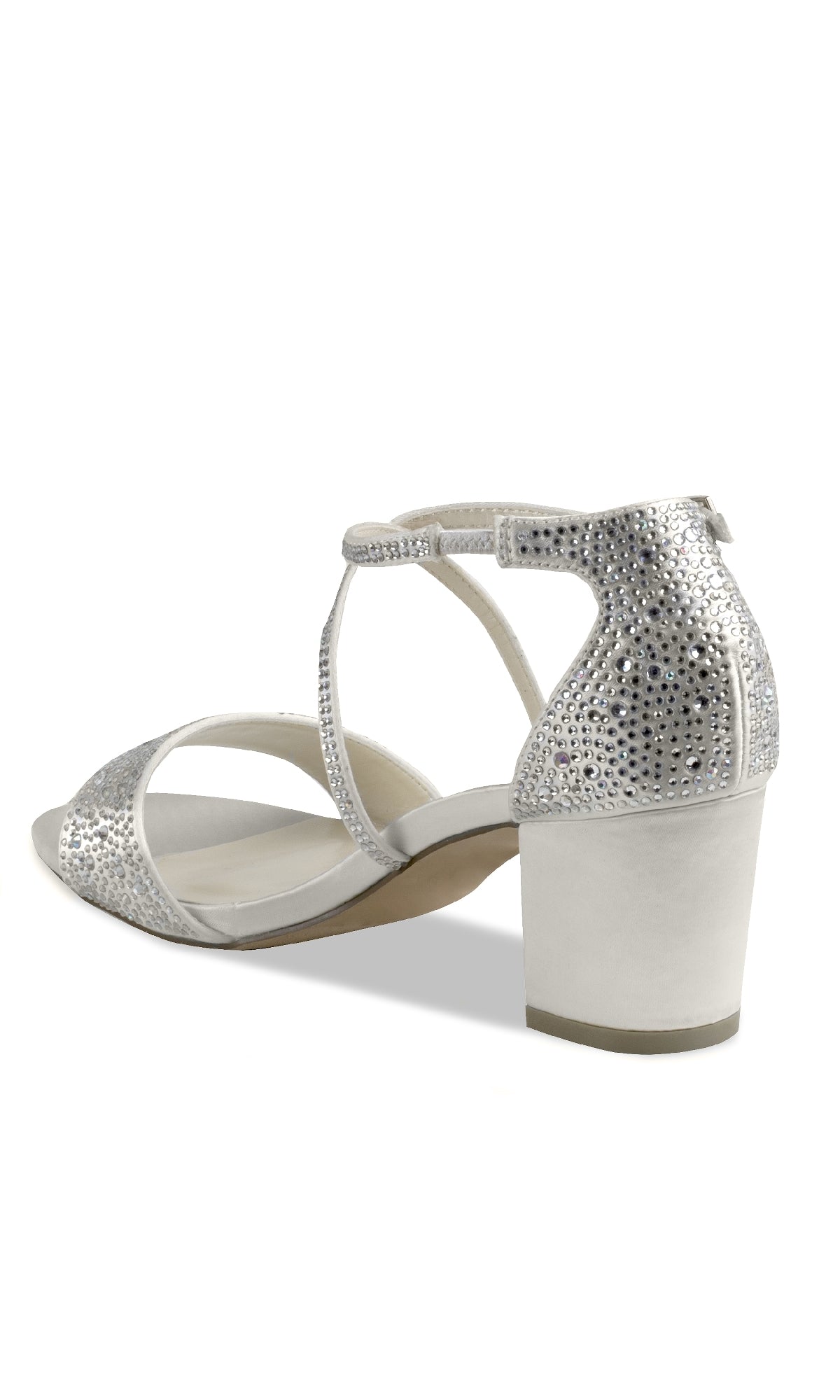 The Ines Ivory Satin Prom Shoes (Paradox London P2224) feature an open toe, mid-block heel, ankle strap, and rhinestone embellishments—ideal for adding sparkle to your formal look.